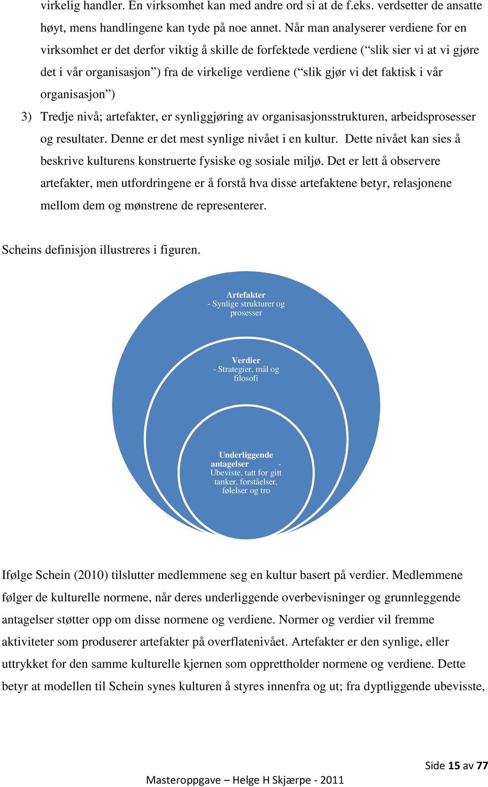 faktisk i vår organisasjon ) 3) Tredje nivå; artefakter, er synliggjøring av organisasjonsstrukturen, arbeidsprosesser og resultater. Denne er det mest synlige nivået i en kultur.