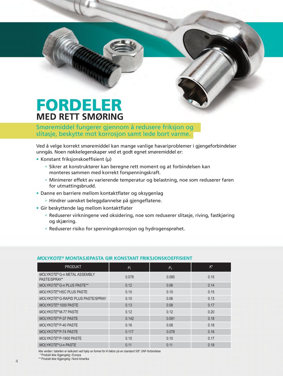Noen nøkkelegenskaper ved et godt egnet smøremiddel er: Konstant friksjonskoeffisient (µ) Sikrer at konstruktører kan beregne rett moment og at forbindelsen kan monteres sammen med korrekt