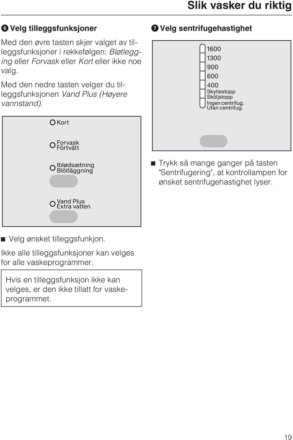 Velg sentrifugehastighet Trykk så mange ganger på tasten "Sentrifugering", at kontrollampen for ønsket sentrifugehastighet lyser.