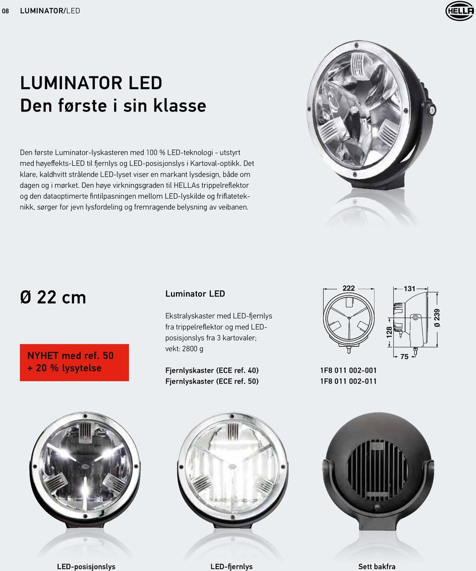Den høye virkningsgraden til HELLAs trippelreflektor og den dataoptimerte fintilpasningen mellom LED-lyskilde og friflateteknikk, sørger for jevn lysfordeling og fremragende belysning av veibanen.