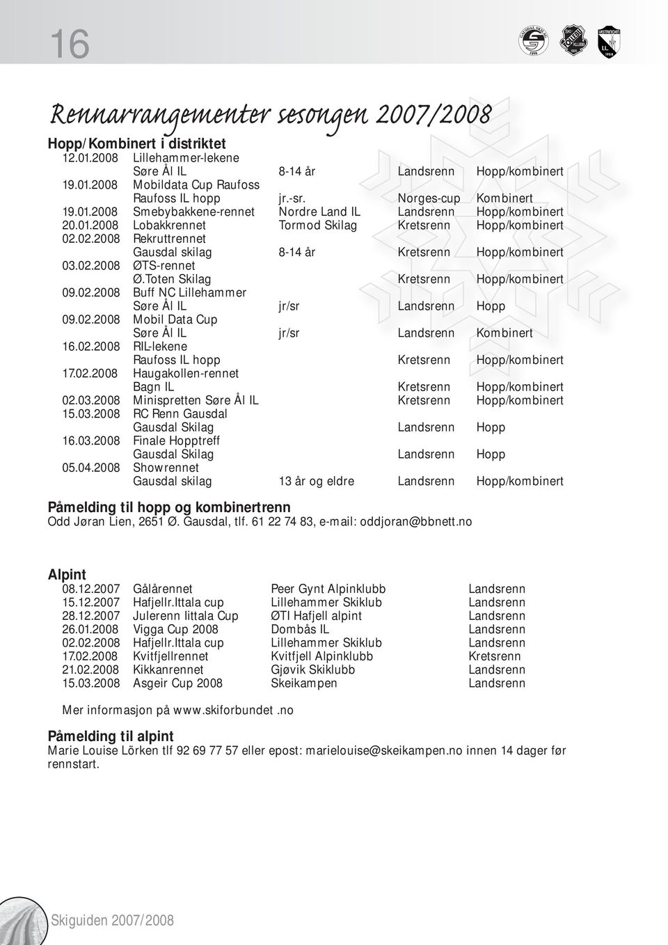 02.2008 Rekruttrennet Gausdal skilag 8-14 år Kretsrenn Hopp/kombinert 03.02.2008 ØTS-rennet Ø.Toten Skilag Kretsrenn Hopp/kombinert 09.02.2008 Buff NC Lillehammer Søre Ål IL jr/sr Landsrenn Hopp 09.