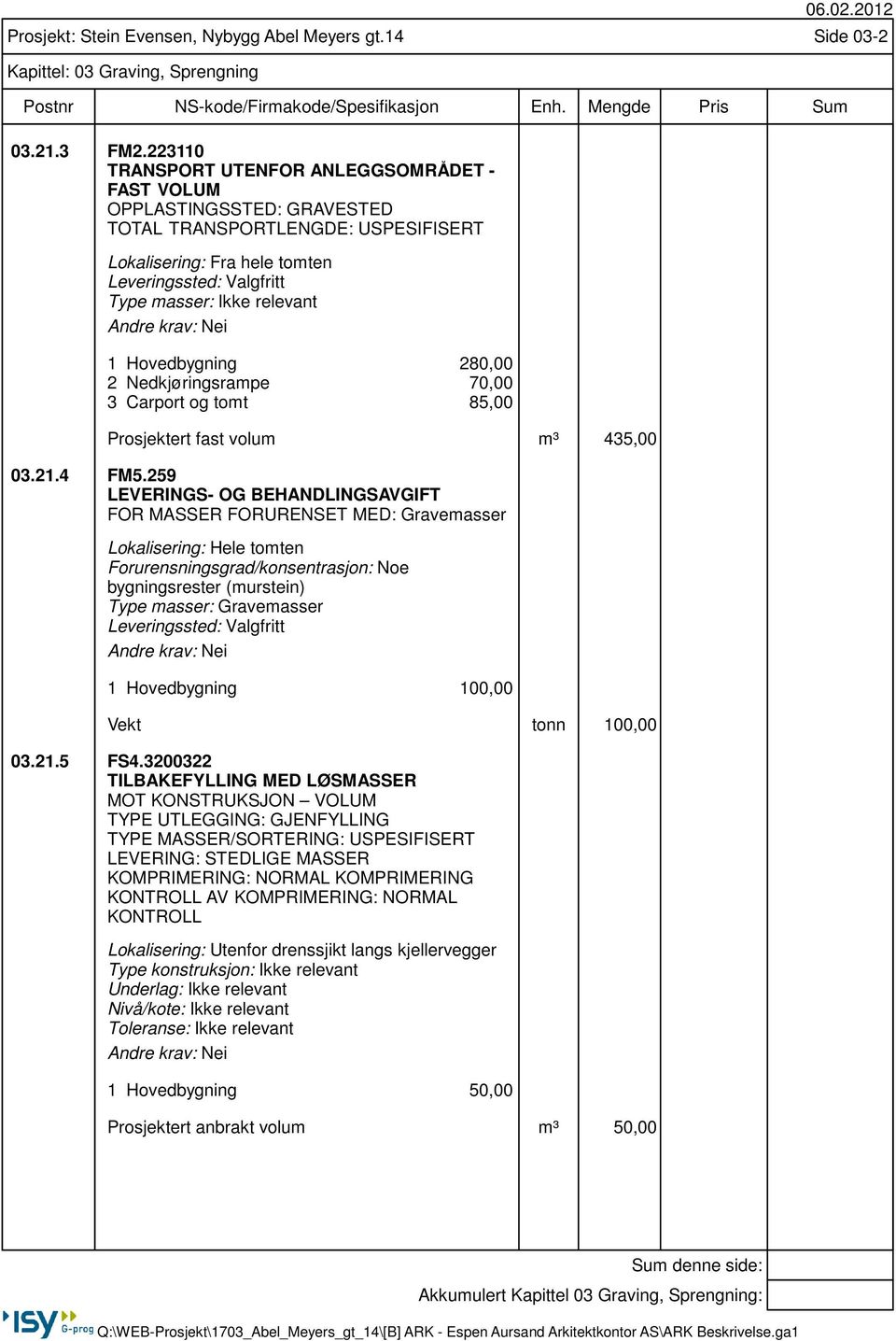 Hovedbygning 280,00 2 Nedkjøringsrampe 70,00 3 Carport og tomt 85,00 Prosjektert fast volum m³ 435,00 03.21.4 FM5.