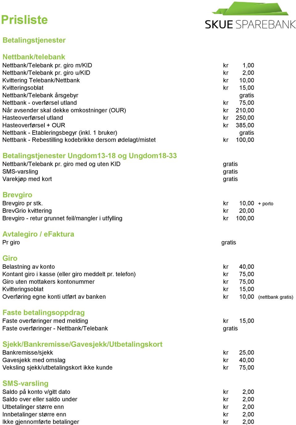 210,00 Hasteoverførsel utland kr 250,00 Hasteoverførsel + OUR kr 385,00 Nettbank - Etableringsbegyr (inkl.