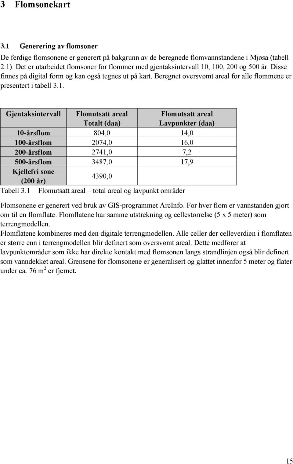 Beregnet oversvømt areal for alle flommene er presentert i tabell 3.1.