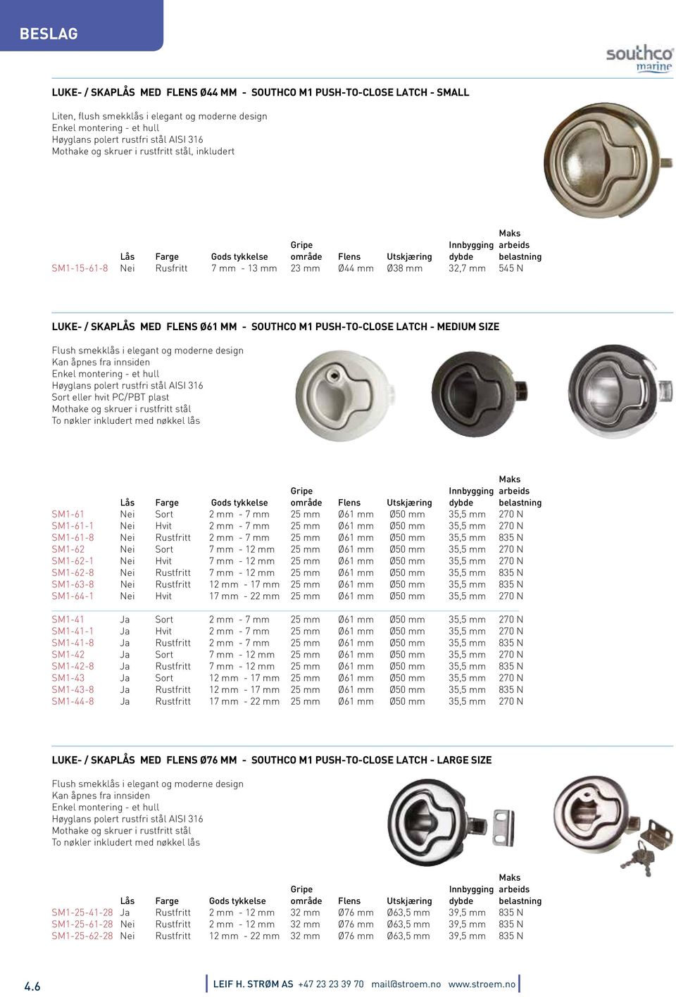 32,7 mm 545 N LUKE- / SKAPLÅS MED FLENS Ø61 MM - SOUTHCO M1 PUSH-TO-CLOSE LATCH - MEDIUM SIZE Flush smekklås i elegant og moderne design Kan åpnes fra innsiden Enkel montering - et hull Høyglans