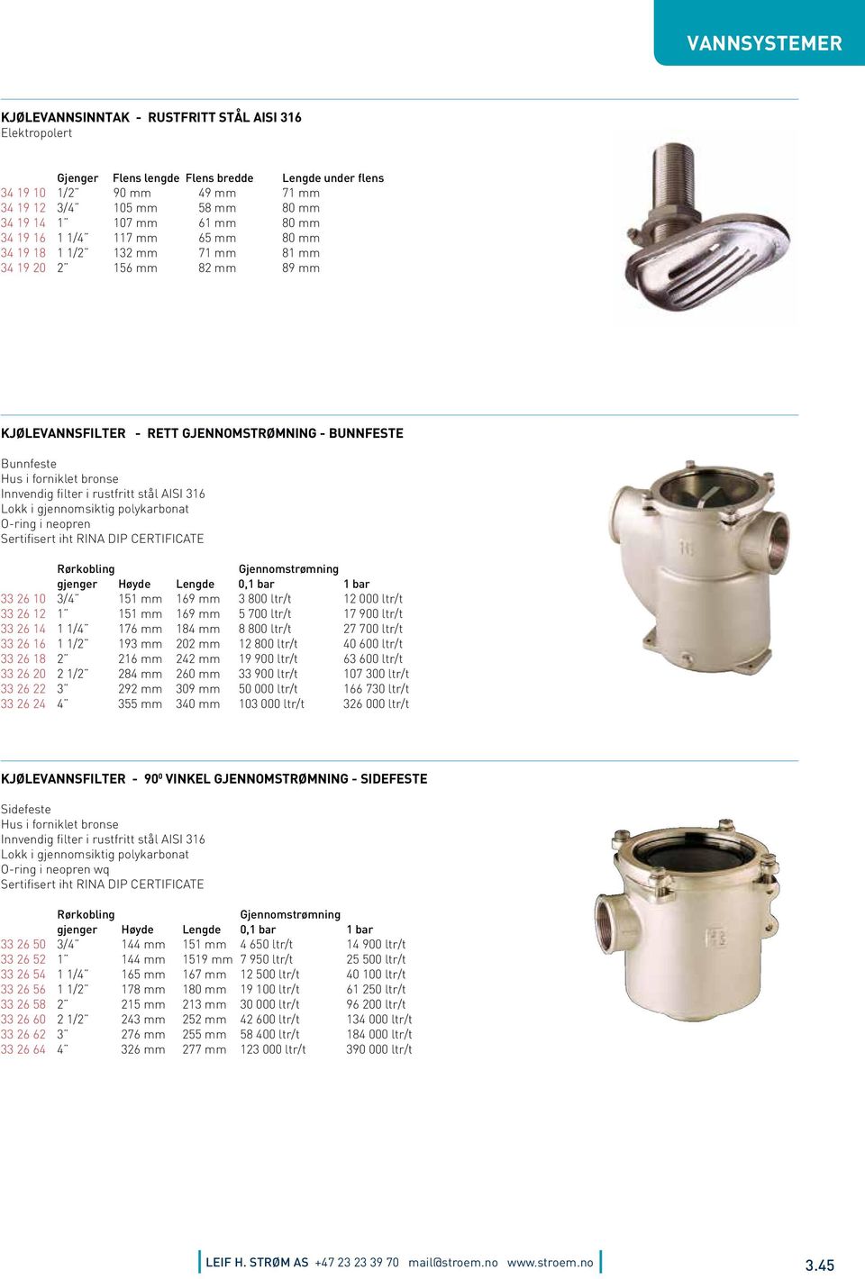 bronse Innvendig filter i rustfritt stål AISI 316 Lokk i gjennomsiktig polykarbonat O-ring i neopren Sertifisert iht RINA DIP CERTIFICATE Rørkobling Gjennomstrømning gjenger Høyde Lengde 0,1 bar 1