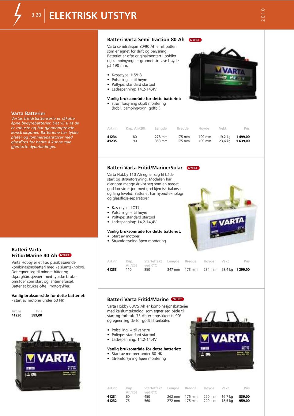 Kassetype: H6/H8 Polstilling: + til høyre Poltype: standard startpol Ladespenning: 14,2-14,4V Varta Batterier Vartas fritidsbatteriserie er såkalte åpne blysyrebatterier.