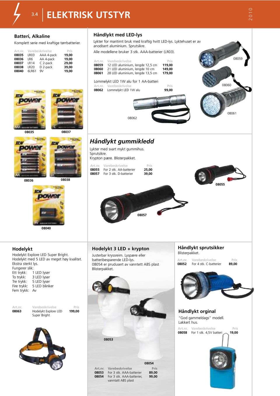 Lyktehuset er av anodisert aluminium. Sprutsikre. Alle modellene bruker 3 stk. AAA-batterier (LR03).