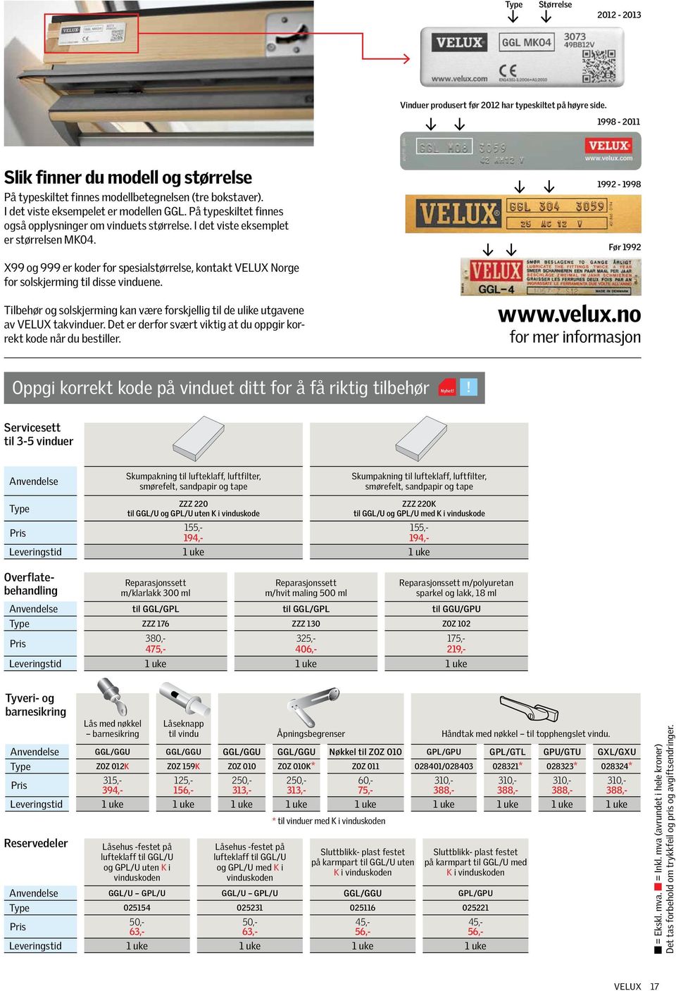 1992-1998 Før 1992 X99 og 999 er koder for spesialstørrelse, kontakt VELUX Norge for solskjerming til disse vinduene.