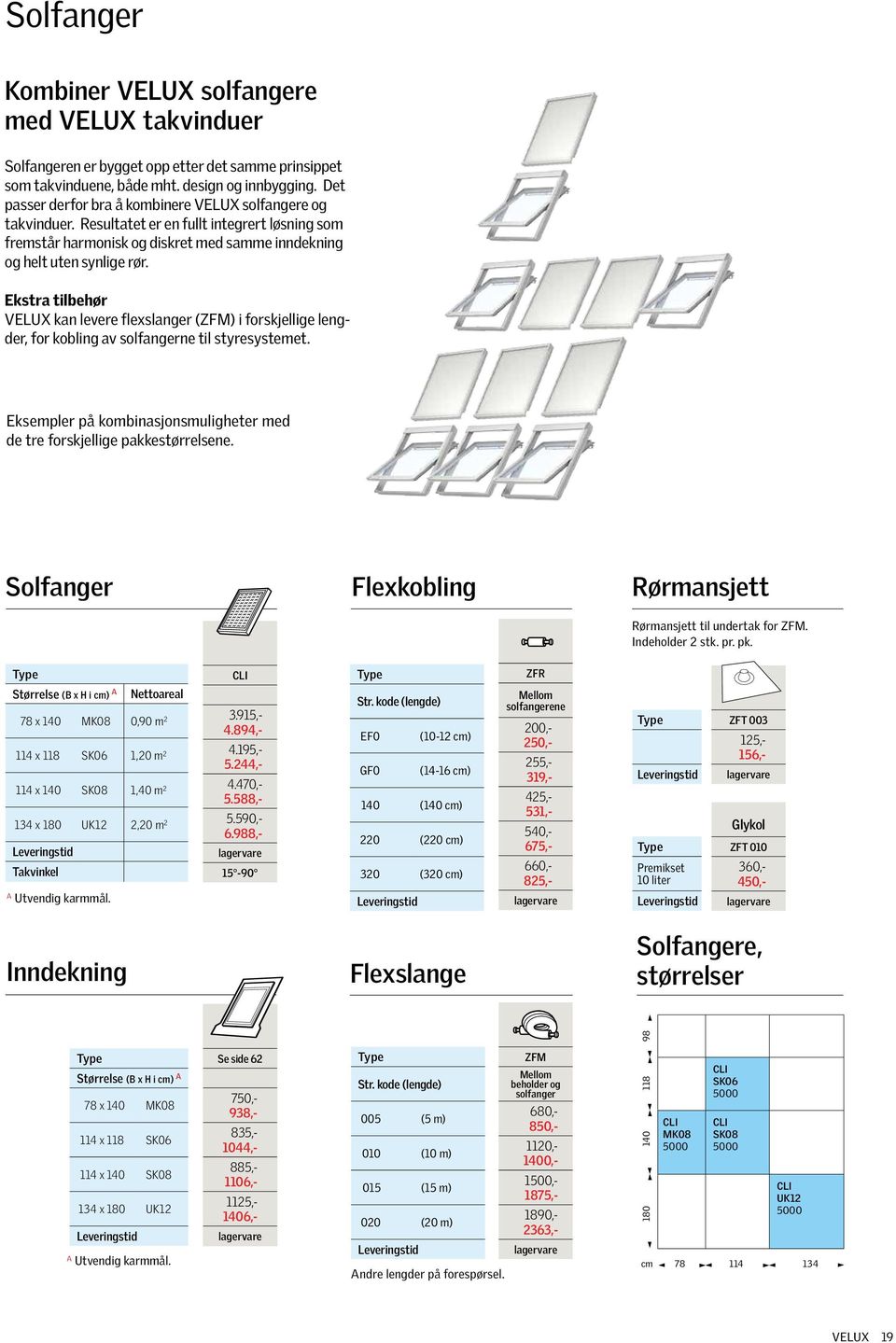 Ekstra tilbehør VELUX kan levere flexslanger (ZFM) i forskjellige lengder, for kobling av solfangerne til styresystemet. Eksempler på kombinasjonsmuligheter med de tre forskjellige pakkestørrelsene.