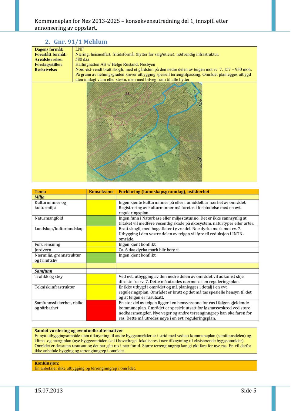 På grunn av helningsgraden krever utbygging spesiell terrengtilpassing. Området planlegges utbygd uten innlagt vann eller strøm, men med bilveg fram til alle hytter.