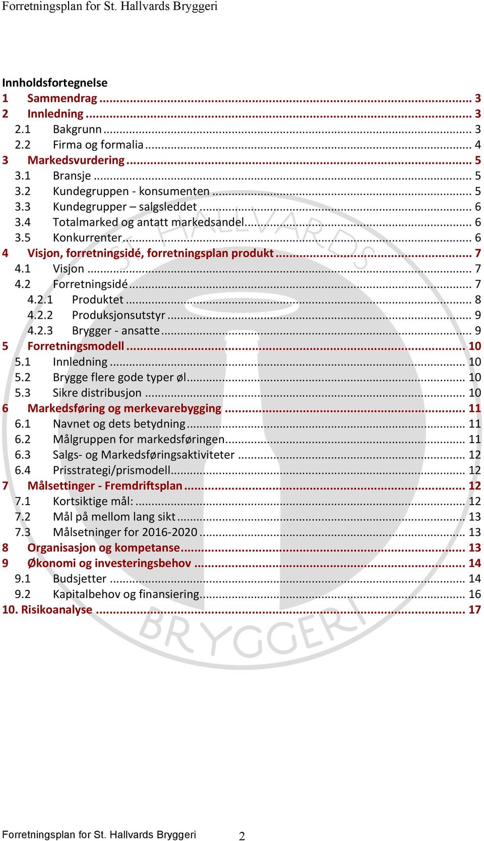 .. 9 4.2.3 Brygger - ansatte... 9 5 Forretningsmodell... 10 5.1 Innledning... 10 5.2 Brygge flere gode typer øl... 10 5.3 Sikre distribusjon... 10 6 Markedsføring og merkevarebygging... 11 6.