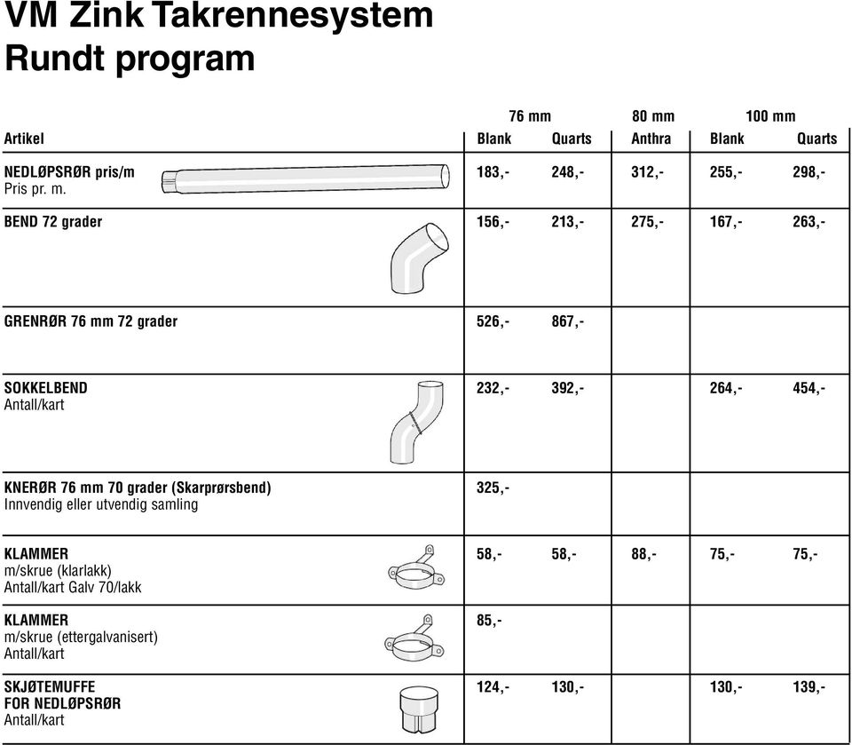 BEND 72 grader 156,- 213,- 275,- 167,- 263,- GRENRØR 76 mm 72 grader 526,- 867,- SOKKELBEND 232,- 392,- 264,- 454,- KNERØR 76