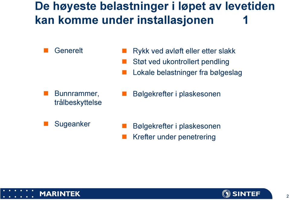 Lokale belastninger fra bølgeslag Bunnrammer, trålbeskyttelse Bølgekrefter i