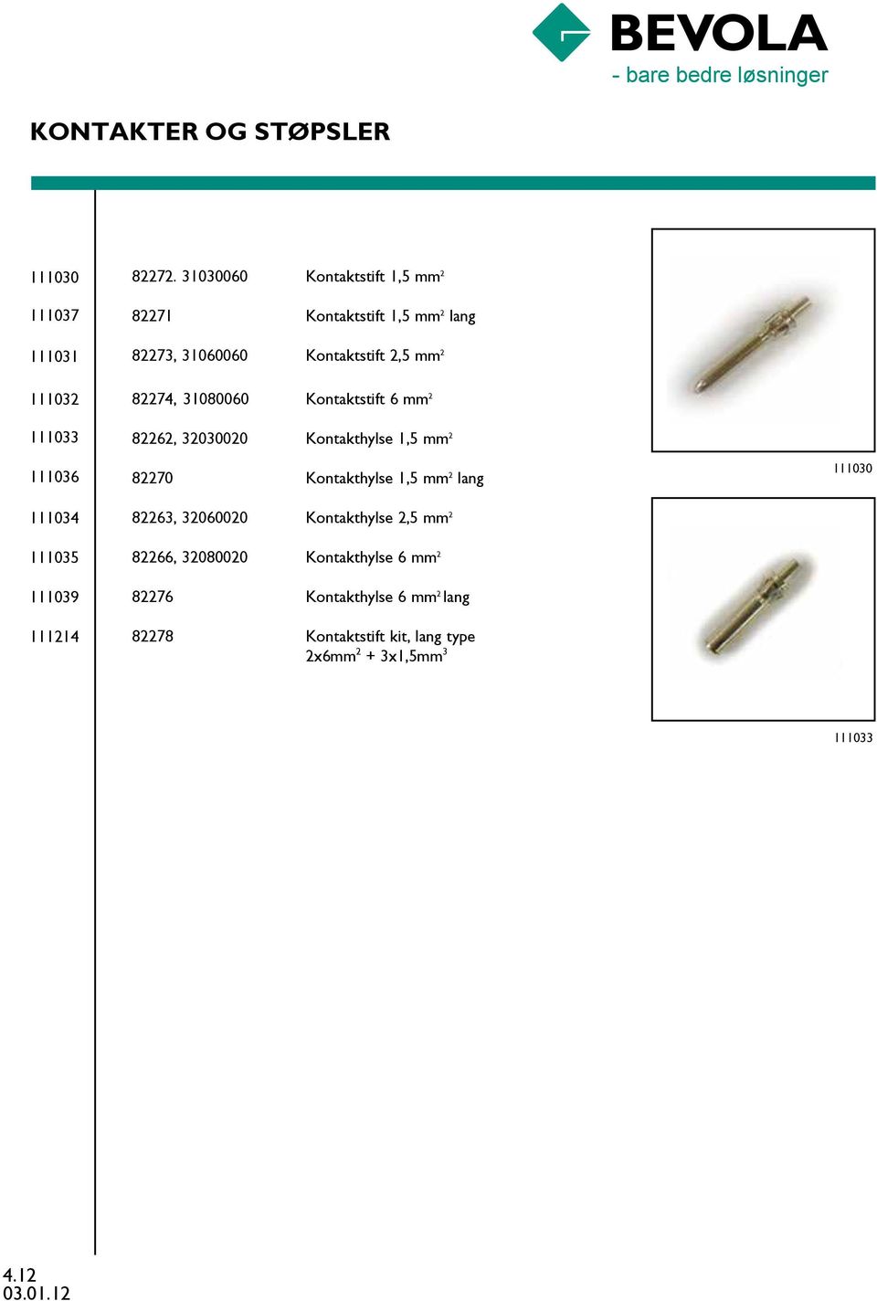 111036 111034 111035 111039 111214 82274, 31080060 Kontaktstift 6 mm 2 82262, 32030020 Kontakthylse 1,5 mm 2 82270