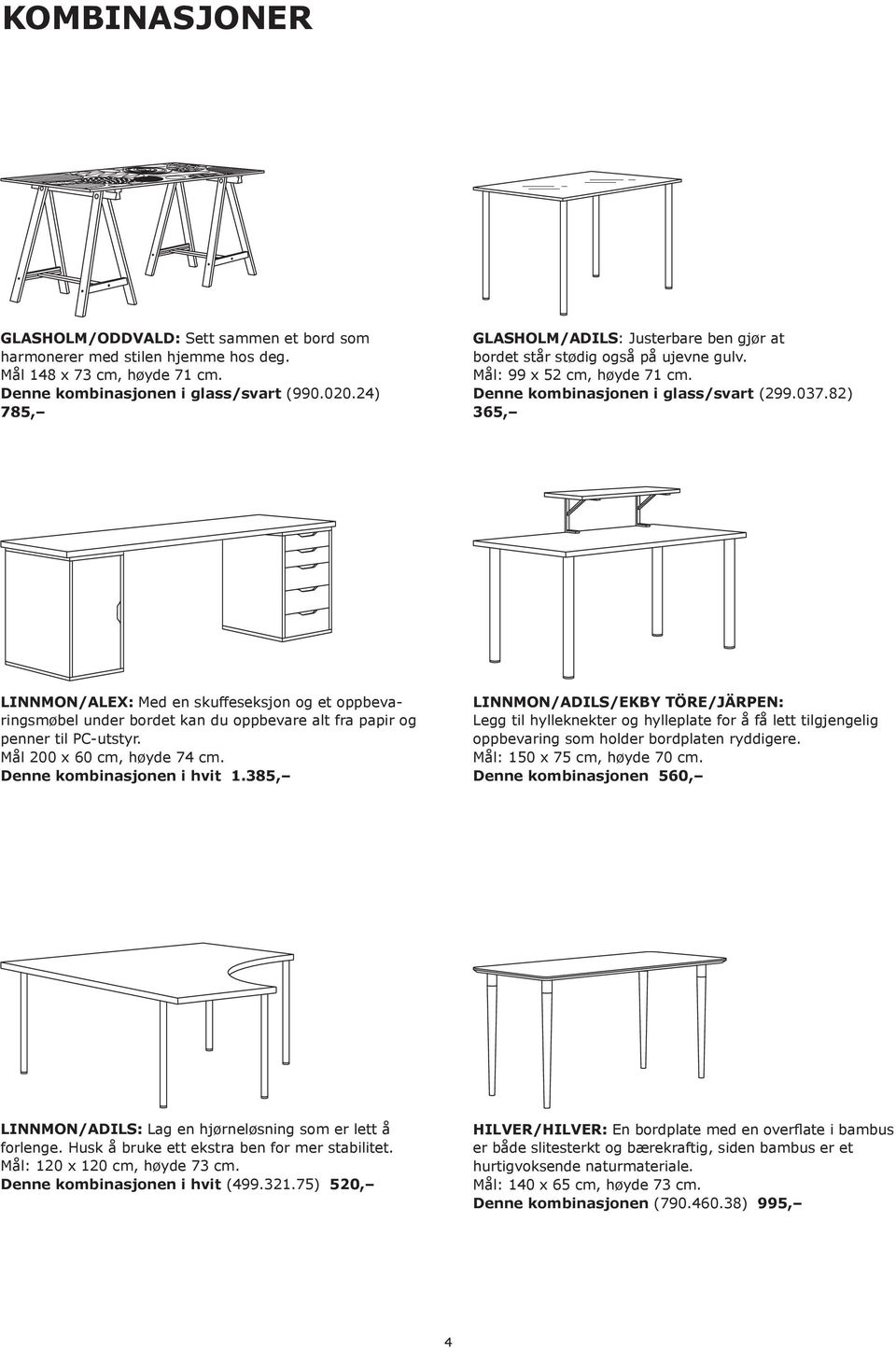 82) 365, LINNMON/ALEX: Med en skuffeseksjon og et oppbevaringsmøbel under bordet kan du oppbevare alt fra papir og penner til PC-utstyr. Mål 200 x 60 cm, høyde 74 cm. Denne kombinasjonen i hvit 1.