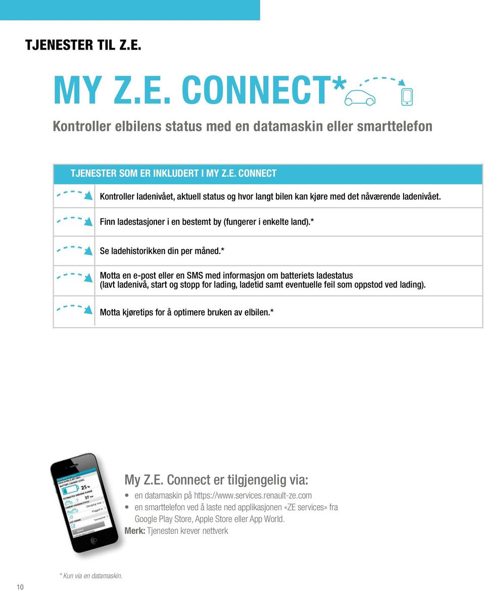 * Motta en e-post eller en SMS med informasjon om batteriets ladestatus (lavt ladenivå, start og stopp for lading, ladetid samt eventuelle feil som oppstod ved lading).