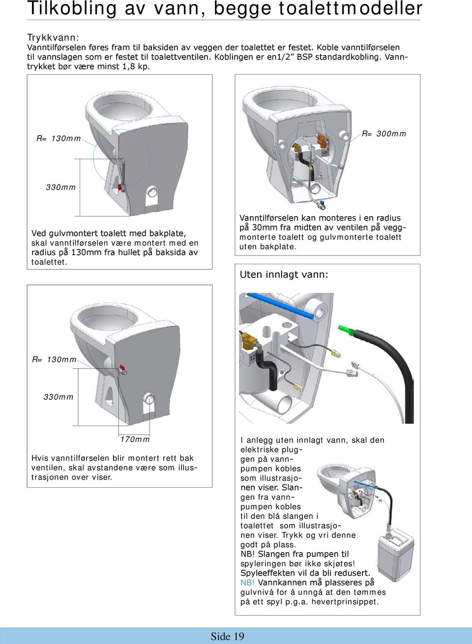 R= 130mm R= 300mm 330mm Ved gulvmontert toalett med bakplate, skal vanntilførselen være montert med en radius på 130mm fra hullet på baksida av toalettet.
