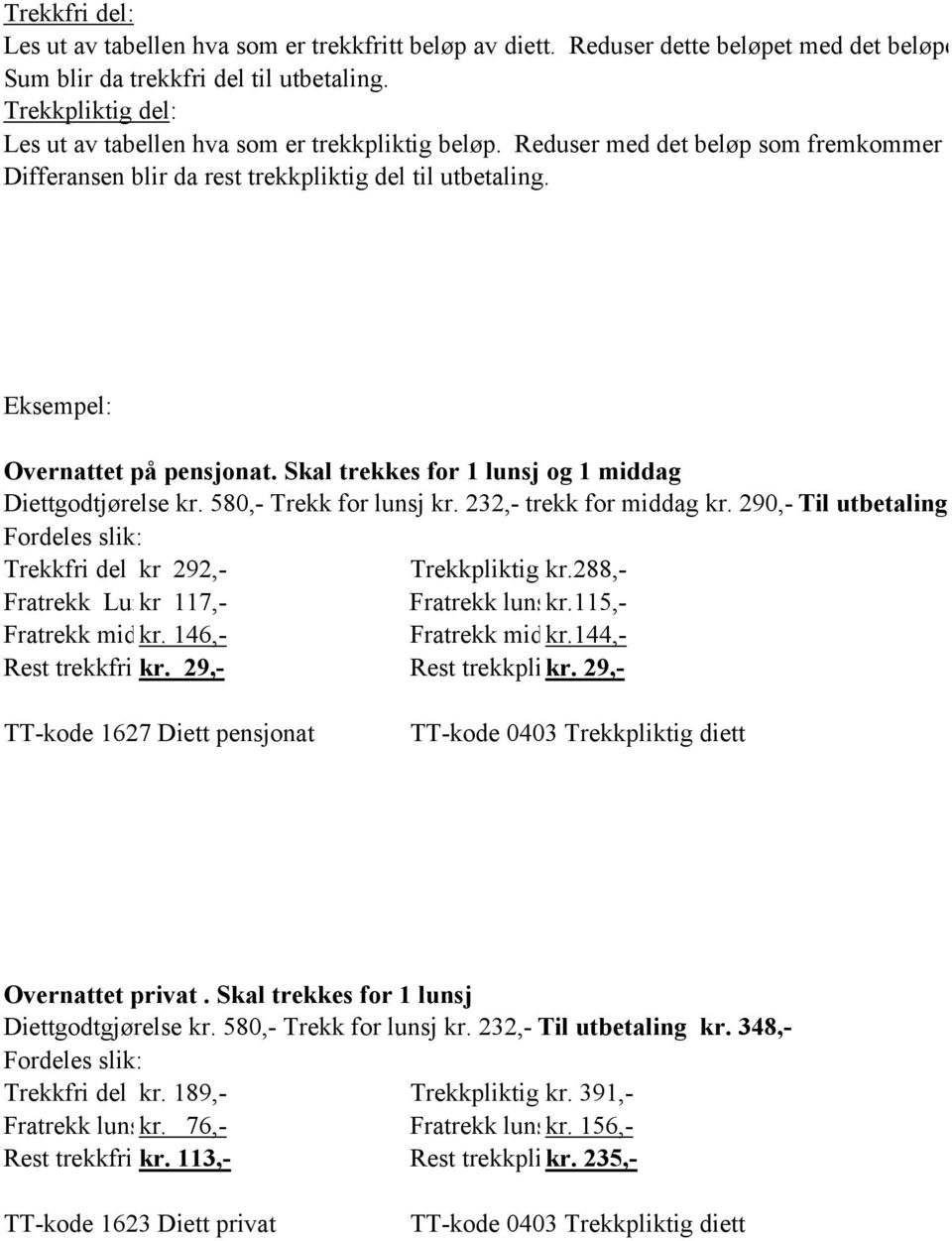 Skal trekkes for 1 lunsj og 1 middag Diettgodtjørelse kr. 580,- Trekk for lunsj kr. 232,- trekk for middag kr. 290,- Til utbetaling Fordeles slik: Trekkfri del kr 292,- Trekkpliktig kr.