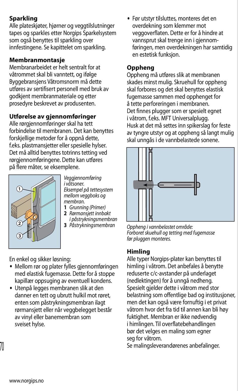 membranmateriale og etter prosedyre beskrevet av produsenten. Utførelse av gjennomføringer Alle rørgjennomføringer skal ha tett forbindelse til membranen.