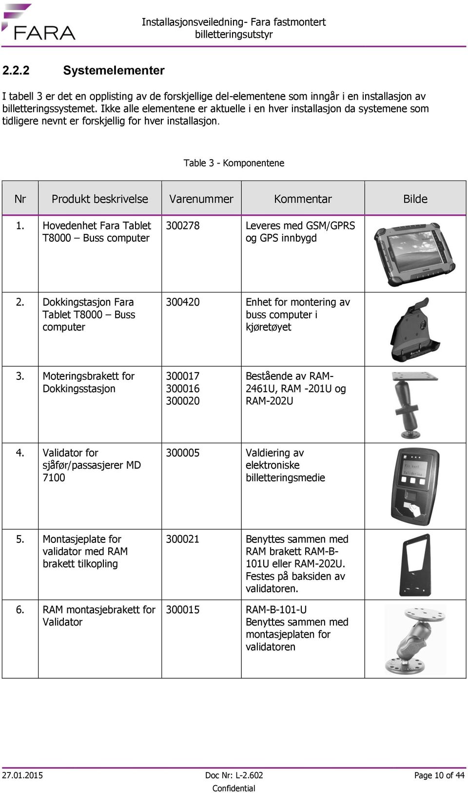 Table 3 - Komponentene Nr Produkt beskrivelse Varenummer Kommentar Bilde 1. Hovedenhet Fara Tablet T8000 Buss computer 300278 Leveres med GSM/GPRS og GPS innbygd 2.