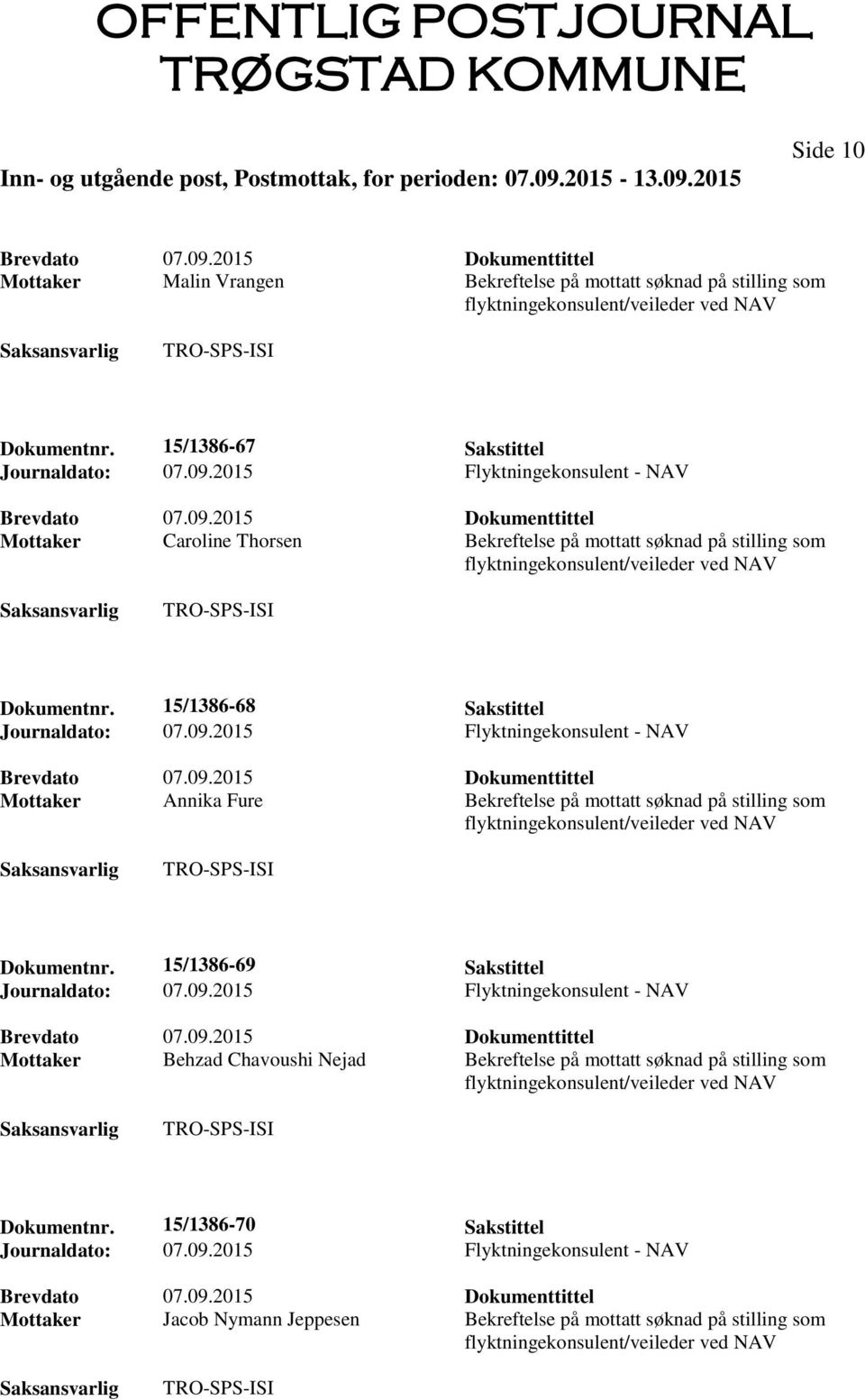 15/1386-68 Sakstittel Mottaker Annika Fure Bekreftelse på mottatt søknad på stilling som Dokumentnr.