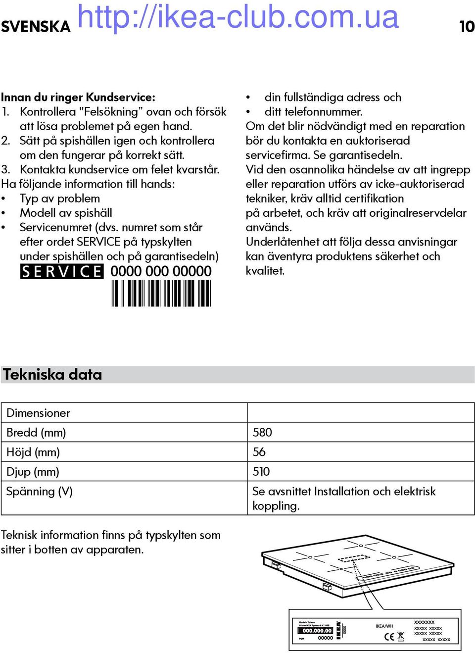 numret som står efter ordet SERVICE på typskylten under spishällen och på garantisedeln) din fullständiga adress och ditt telefonnummer.