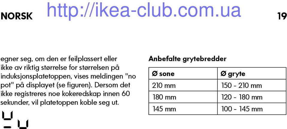 Dersom det ikke registreres noe kokeredskap innen 60 sekunder, vil platetoppen koble