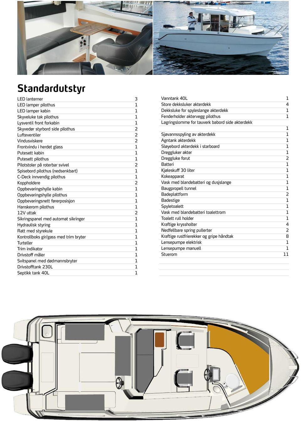 1 Oppbevaringshylle pilothus 1 Oppbevaringsnett førerposisjon 1 Hanskerom pilothus 1 12V uttak 2 Sikringspanel med automat sikringer 1 Hydraulisk styring 1 Ratt med styrekule 1 Kontrollboks gir/gass