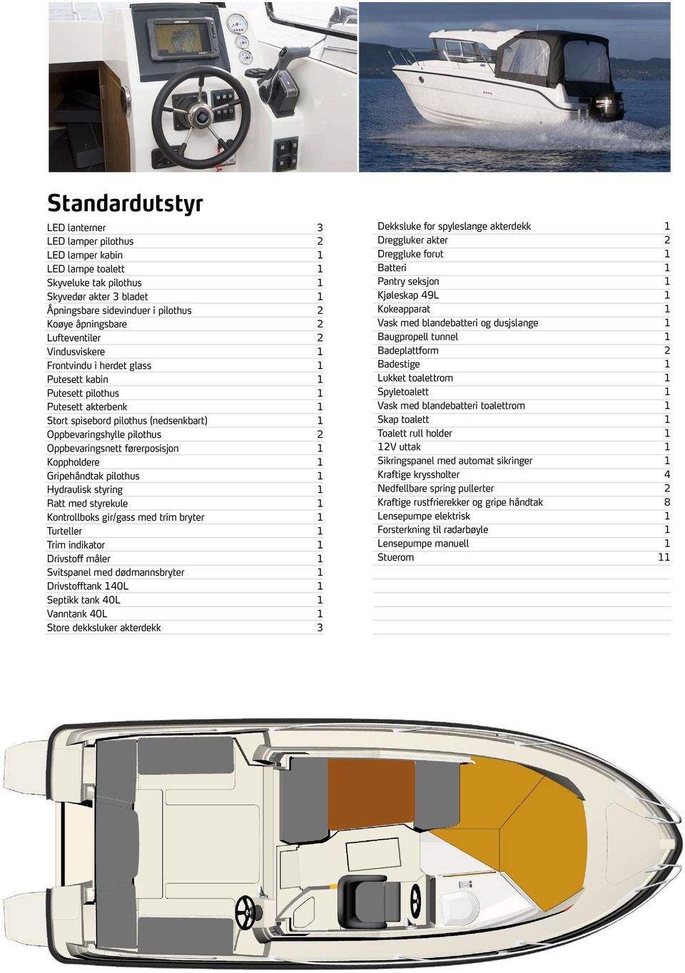 Oppbevaringsnett førerposisjon 1 Koppholdere 1 Gripehåndtak pilothus 1 Hydraulisk styring 1 Ratt med styrekule 1 Kontrollboks gir/gass med trim bryter 1 Turteller 1 Trim indikator 1 Drivstoff måler 1