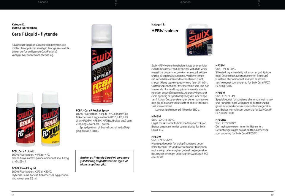 Denne brukes oftest på noe omdannet snø, fuktig til våt. 29 ml. FC10L Cera F Liquid 100% Fluorkarbon. +2 C til +20 C. Flytende Cera F for våt, finkornet snø og gjennomvåt, kornet snø. 29 ml. FC8A - Cera F Rocket Spray 100% Fluorkarbon.