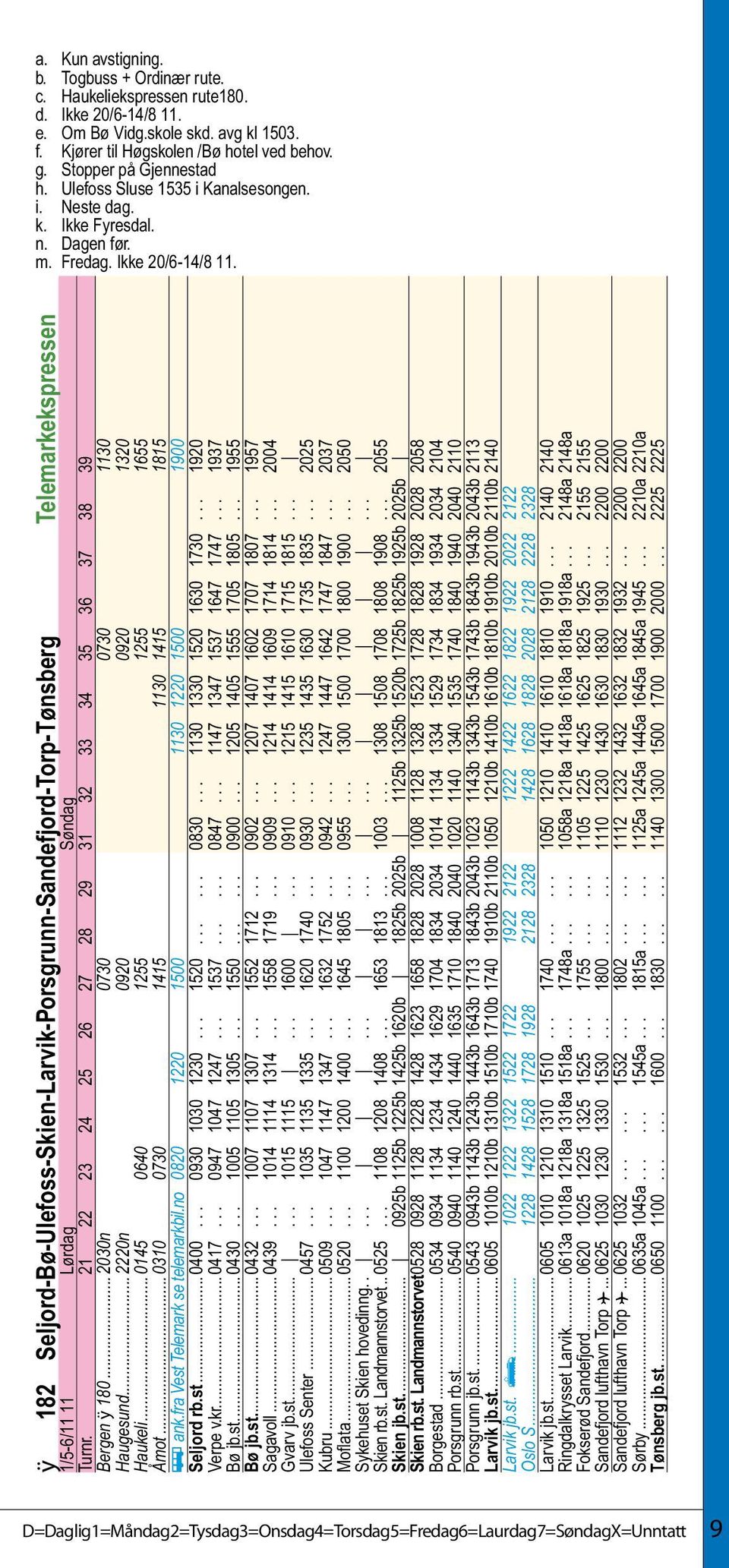 ÿ 182 Seljord-Bø-Ulefoss-Skien-Larvik-Porsgrunn-Sandefjord-Torp-Tønsberg Telemarkekspressen 1/5-6/11 11 Lørdag Søndag Turnr. 21 22 23 24 25 26 27 28 29 31 32 33 34 35 36 37 38 39 Bergen ÿ 180.