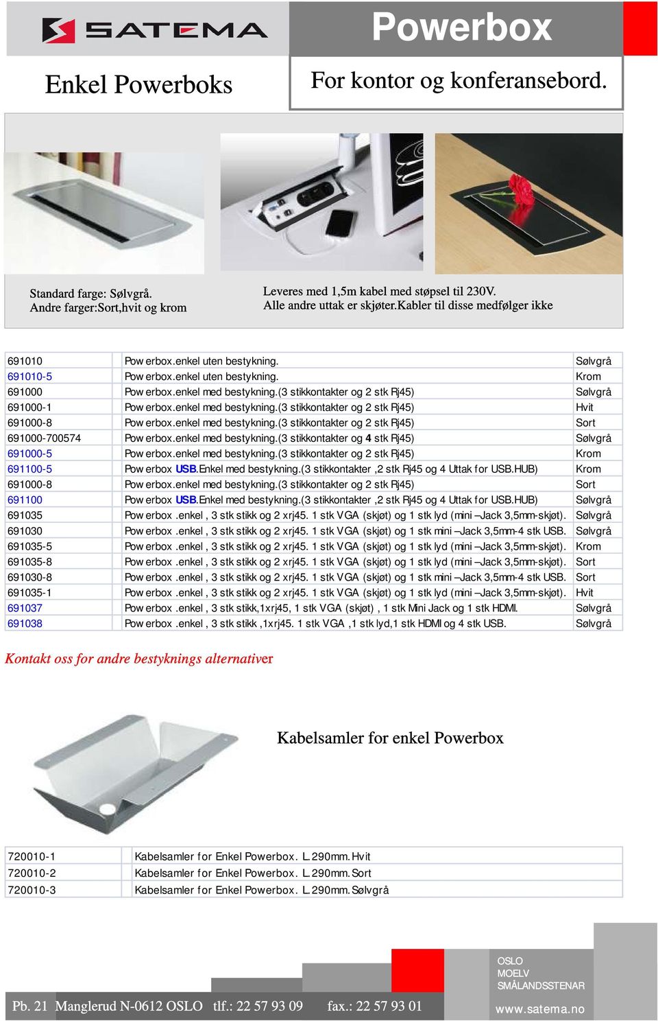 (3 stikkontakter og 2 stk Rj45) Sølvgrå 691000-1 Pow erbox.enkel med bestykning.(3 stikkontakter og 2 stk Rj45) Hvit 691000-8 Pow erbox.enkel med bestykning.(3 stikkontakter og 2 stk Rj45) Sort 691000-700574 Pow erbox.