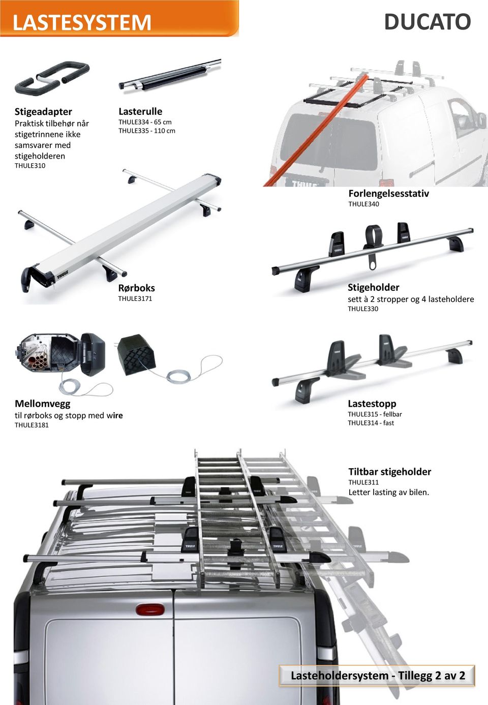 stropper og 4 lasteholdere THULE330 Mellomvegg til rørboks og stopp med wire THULE3181 Lastestopp THULE315 -