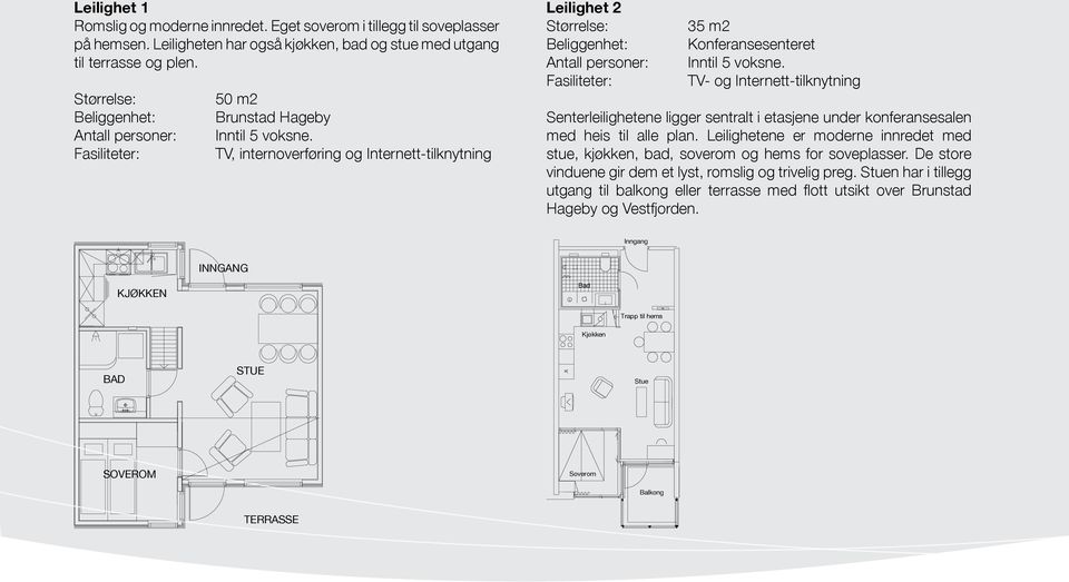 TV, internoverføring og Internetttilknytning MELLOM STOR HYTTE Leilighet 2 Størrelse: Beliggenhet: Antall personer: Fasiliteter: Inngang 35 m2 Konferansesenteret Inntil 5 voksne.