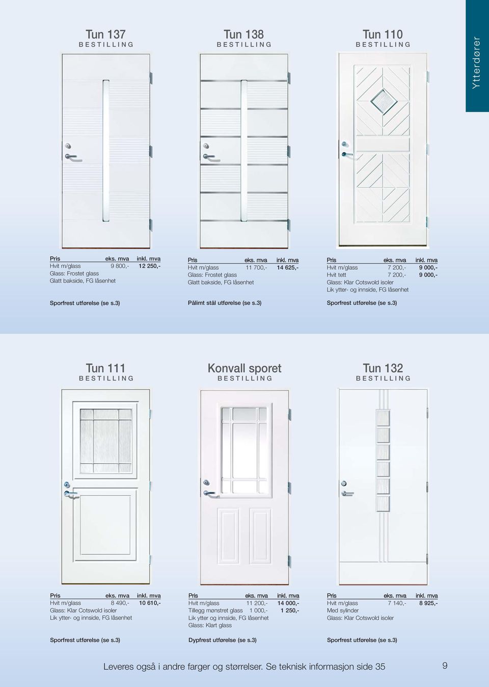 3) Tun 111 Konvall sporet Tun 132 Hvit m/glass 8 490,- 10 610,- Glass: Klar Cotswold isoler Hvit m/glass 11 200,- 14 000,- mønstret glass 1 000,- 1 250,- Lik ytter og