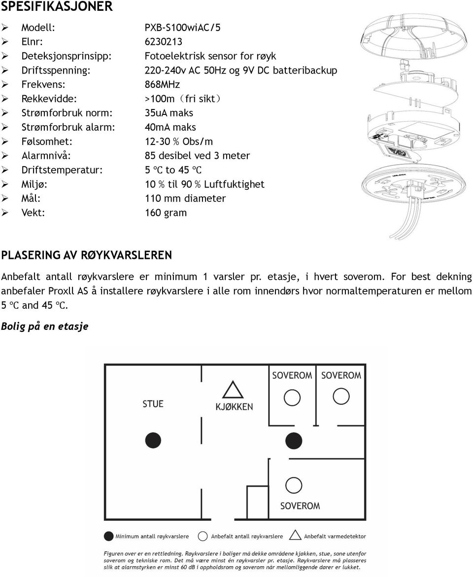 Driftstemperatur: 5 to 45 Miljø: 10 % til 90 % Luftfuktighet Mål: 110 mm diameter Vekt: 160 gram PLASERING AV RØYKVARSLEREN Anbefalt antall røykvarslere er minimum 1