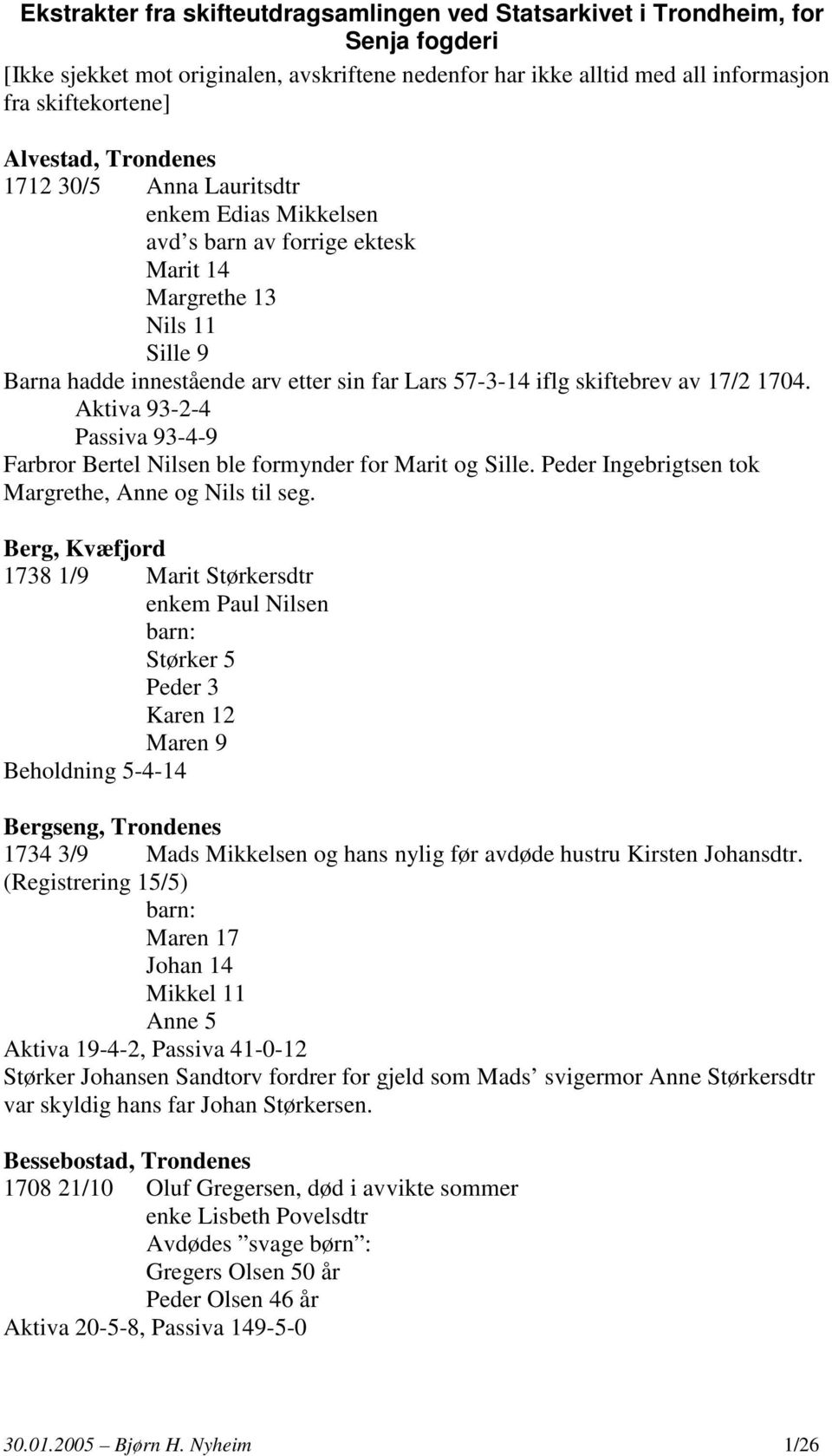 skiftebrev av 17/2 1704. Aktiva 93-2-4 Passiva 93-4-9 Farbror Bertel Nilsen ble formynder for Marit og Sille. Peder Ingebrigtsen tok Margrethe, Anne og Nils til seg.