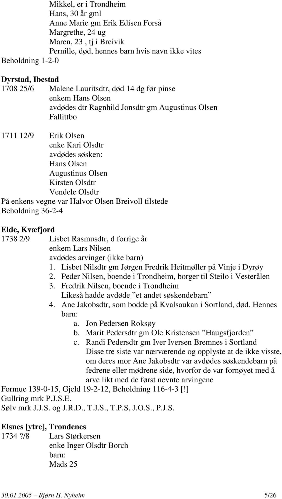 Olsen Kirsten Olsdtr Vendele Olsdtr På enkens vegne var Halvor Olsen Breivoll tilstede Beholdning 36-2-4 Elde, Kvæfjord 1738 2/9 Lisbet Rasmusdtr, d forrige år enkem Lars Nilsen avdødes arvinger