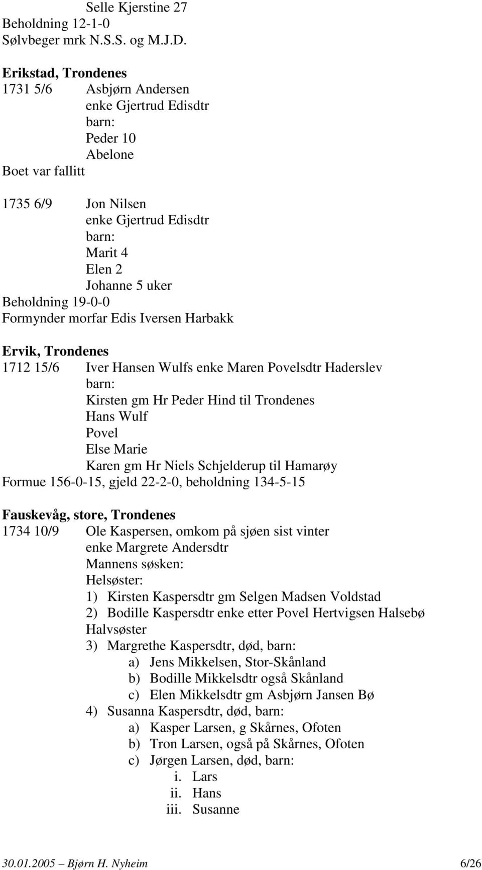 Formynder morfar Edis Iversen Harbakk Ervik, Trondenes 1712 15/6 Iver Hansen Wulfs enke Maren Povelsdtr Haderslev Kirsten gm Hr Peder Hind til Trondenes Hans Wulf Povel Else Marie Karen gm Hr Niels