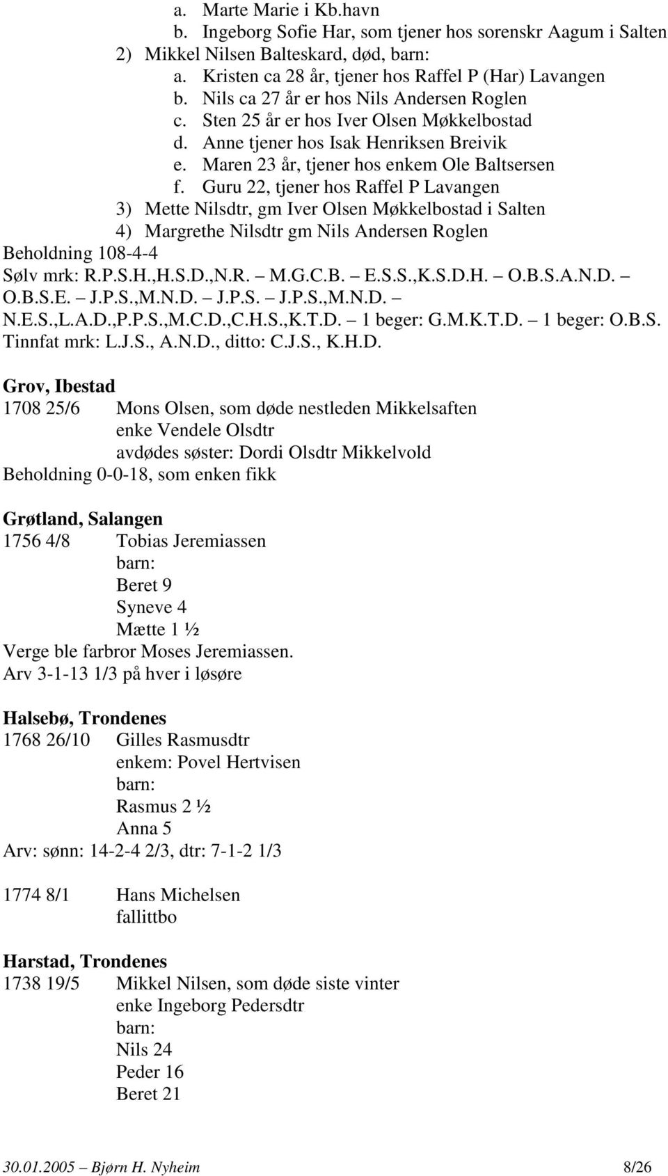 Guru 22, tjener hos Raffel P Lavangen 3) Mette Nilsdtr, gm Iver Olsen Møkkelbostad i Salten 4) Margrethe Nilsdtr gm Nils Andersen Roglen Beholdning 108-4-4 Sølv mrk: R.P.S.H.,H.S.D.,N.R. M.G.C.B. E.S.S.,K.