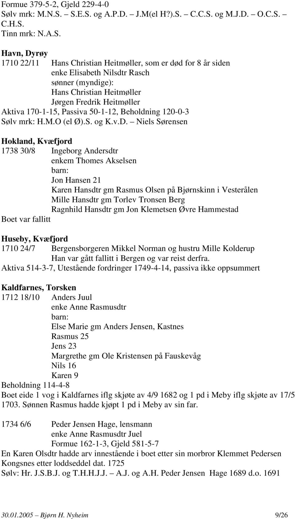 S.E.S. og A.P.D. J.M(el H?).S. C.C.S. og M.J.D. O.C.S. C.H.S. Tinn mrk: N.A.S. Havn, Dyrøy 1710 22/11 Hans Christian Heitmøller, som er død for 8 år siden enke Elisabeth Nilsdtr Rasch sønner