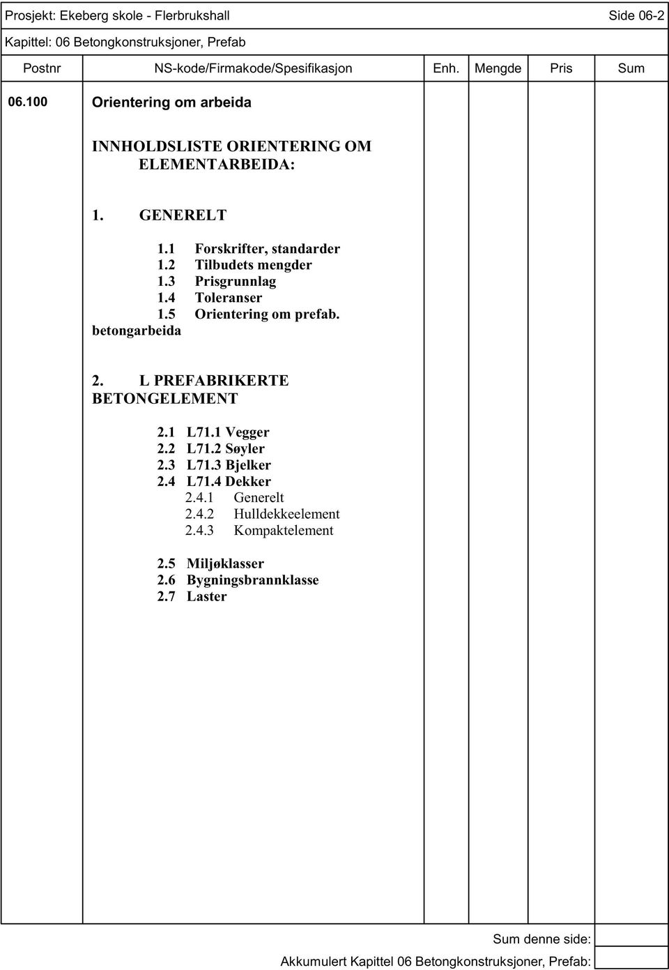 2 Tilbudets mengder 1.3 Prisgrunnlag 1.4 Toleranser 1.5 Orientering om prefab. betongarbeida 2.