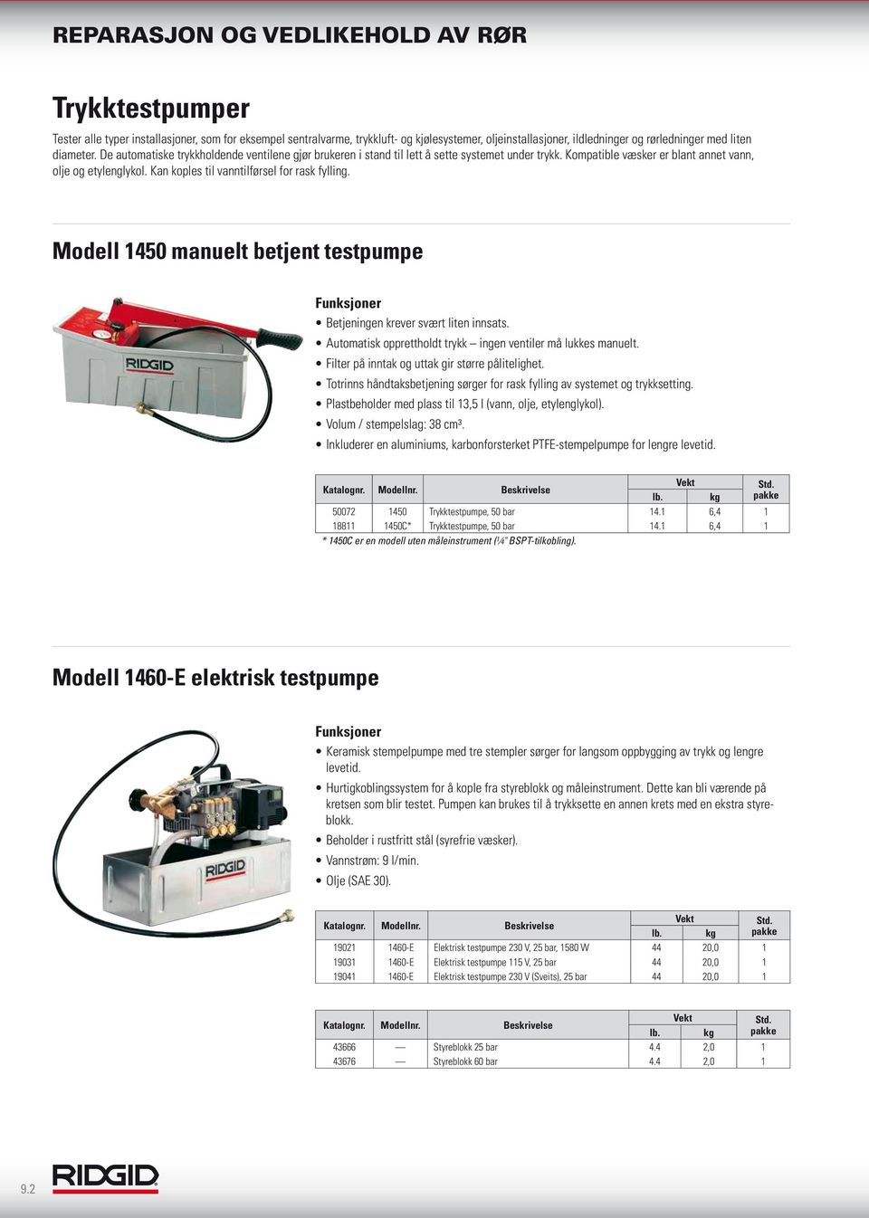 Kan koples til vanntilførsel for rask fylling. Modell 1450 manuelt betjent testpumpe Betjeningen krever svært liten innsats. Automatisk opprettholdt trykk ingen ventiler må lukkes manuelt.