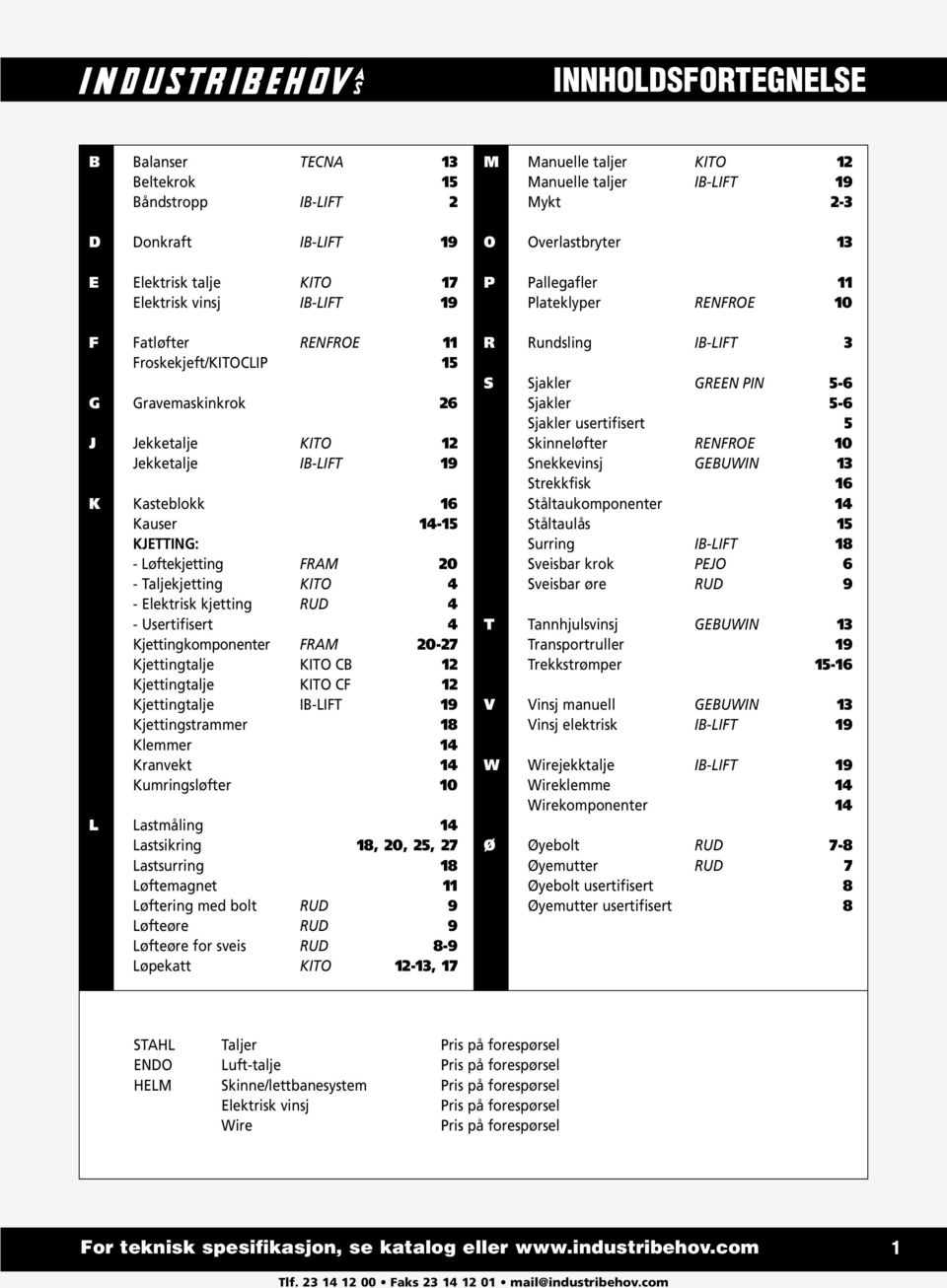 Kjettingkomponenter FRAM 20-27 Kjettingtalje KITO CB 12 Kjettingtalje KITO CF 12 Kjettingtalje IB-LIFT 19 Kjettingstrammer 18 Klemmer 14 Kranvekt 14 Kumringsløfter 10 L Lastmåling 14 Lastsikring 18,