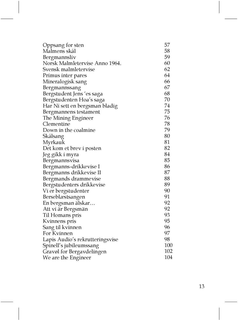 Clementine Down in the coalmine Skålsang Myrkauk Det kom et brev i posten Jeg gikk i myra Bergmannsvisa Bergmanns-drikkevise I Bergmanns drikkevise II Bergmands drammevise Bergstudenters drikkevise