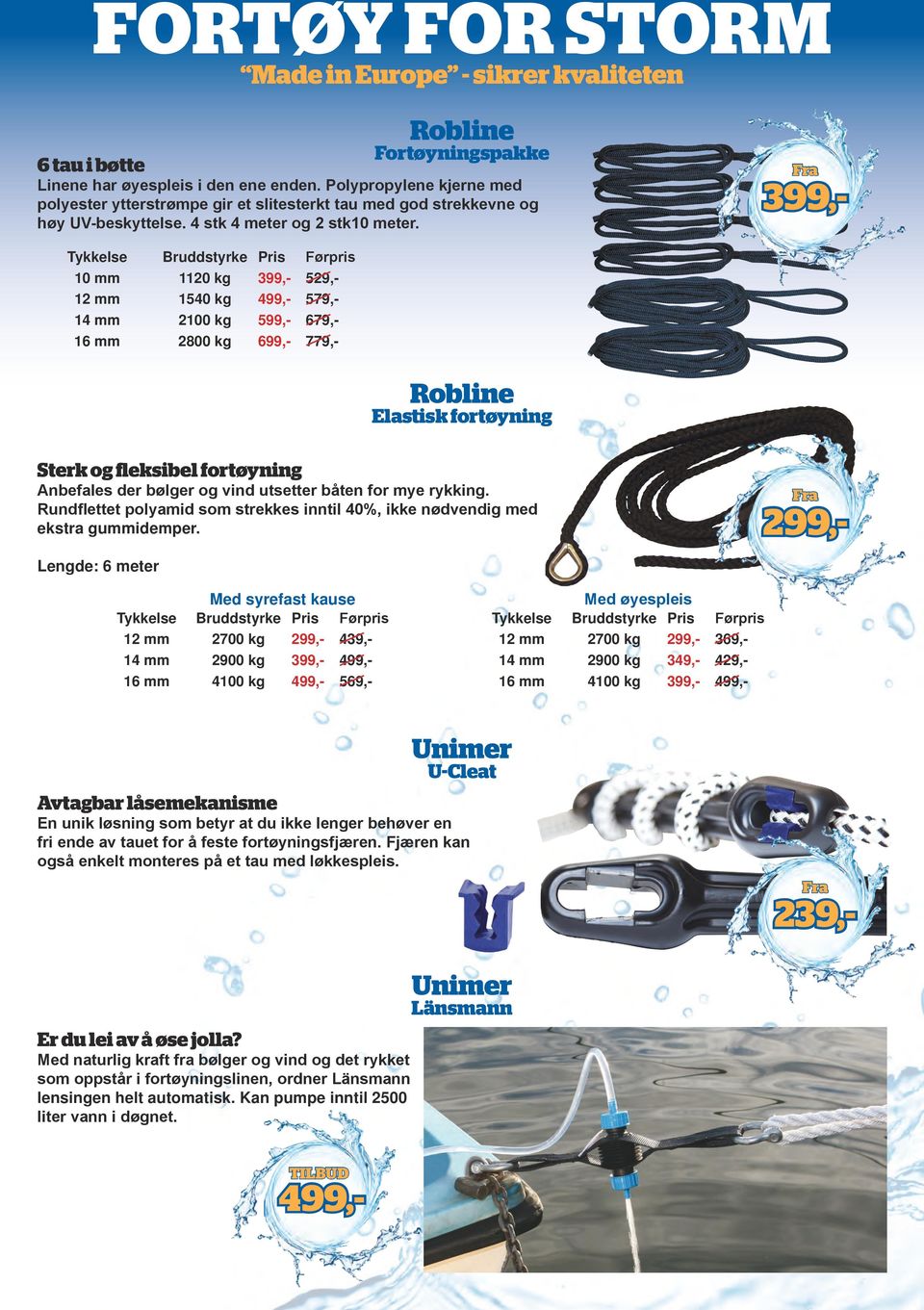 399,- Tykkelse Bruddstyrke Pris Førpris 10 mm 1120 kg 399,- 529,- 12 mm 1540 kg 499,- 579,- 14 mm 2100 kg 599,- 679,- 16 mm 2800 kg 699,- 779,- Robline Elastisk fortøyning Sterk og fleksibel