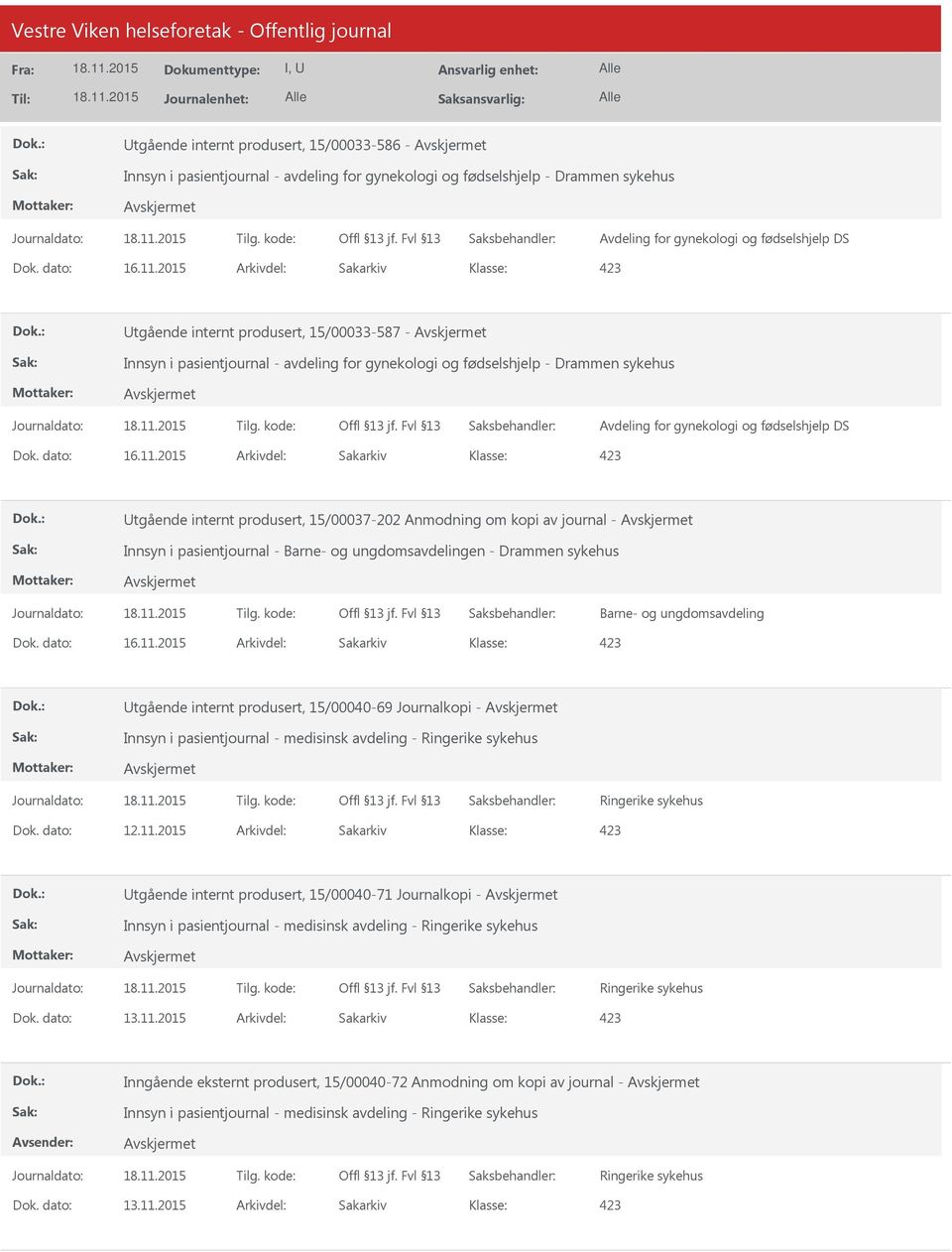 Anmodning om kopi av journal - Innsyn i pasientjournal - Barne- og ungdomsavdelingen - Drammen sykehus Barne- og ungdomsavdeling 423 tgående internt produsert, 15/00040-69 Journalkopi - Innsyn i