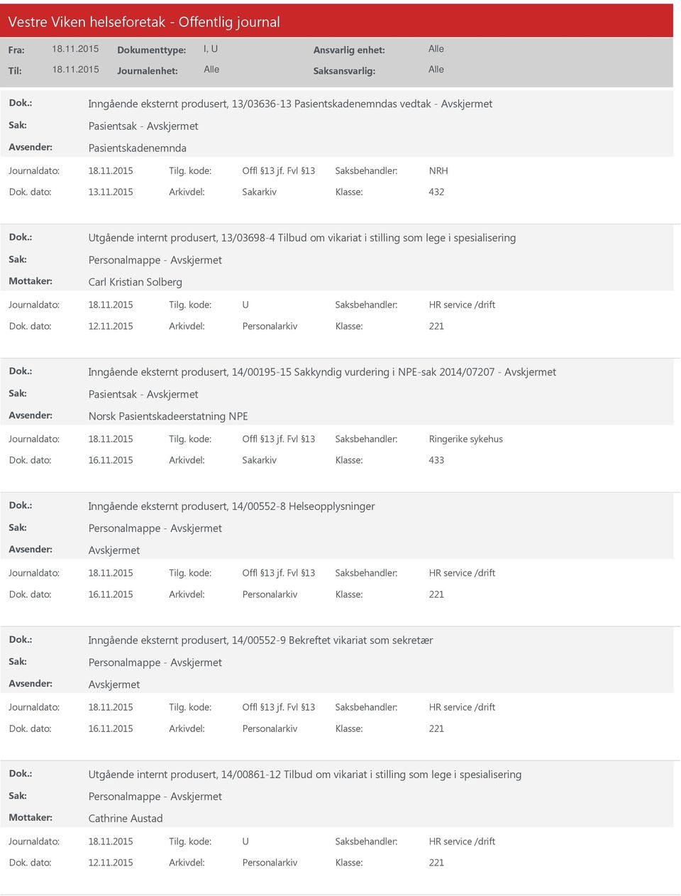 2015 Arkivdel: Personalarkiv Inngående eksternt produsert, 14/00195-15 Sakkyndig vurdering i NPE-sak 2014/07207 - Pasientsak - Norsk Pasientskadeerstatning NPE Ringerike sykehus 433 Inngående