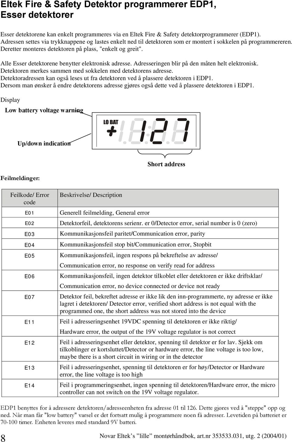 Alle Esser detektorene benytter elektronisk adresse. Adresseringen blir på den måten helt elektronisk. Detektoren merkes sammen med sokkelen med detektorens adresse.